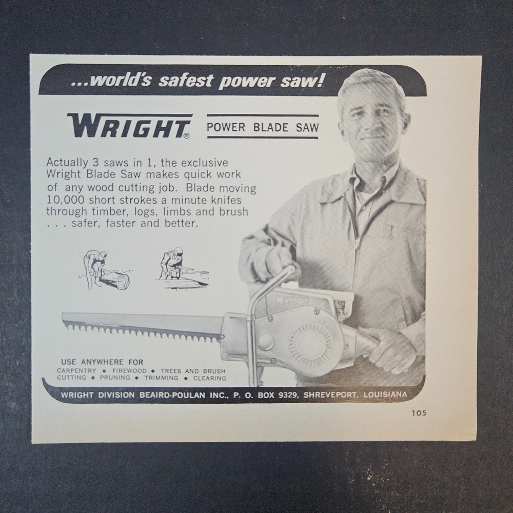 1966 Wright Beaird-Poulan Inc Power Blade Saw Vintage Print Ad Shreveport LA